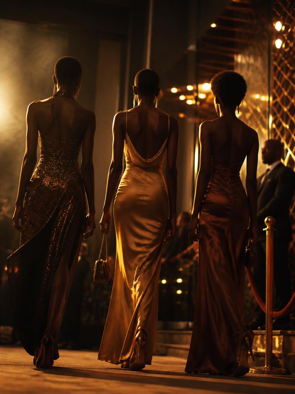 Three women in evening gowns entering a Nairobi club