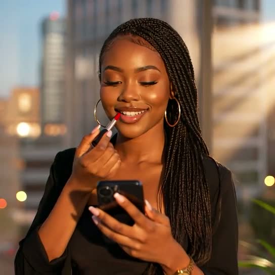 A woman touching up her lipstick on a Nairobi rooftop at golden hour