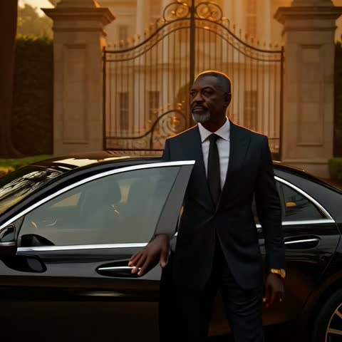 Mzee Karanja, an older man beside a car at a mansion gate